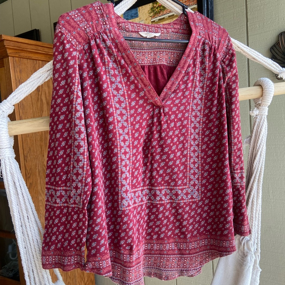 Lucky Brand Burgundy Printed V-Neck Long-Sleeve Tunic - Picture 3 of 4